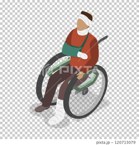 3D Isometric Flat  Illustration of Sick Man With Injuries, Injured Person in Wheelchair 120713079