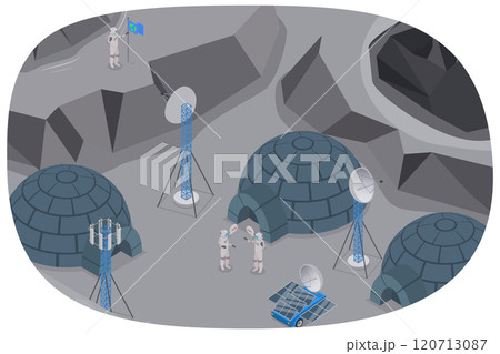 3D Isometric Flat  Illustration of Earth Satellite Exploration, Moon Surface. 120713087