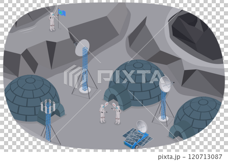 3D Isometric Flat  Illustration of Earth Satellite Exploration, Moon Surface. 120713087