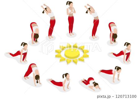 3D Isometric Flat Illustration of Surya Namaskar, Sun Salutation a yoga sequence honoring the sun 3D Isometric Flat Illustration of Surya Namaskar, Sun Salutation a yoga sequence honoring the sun 120713100
