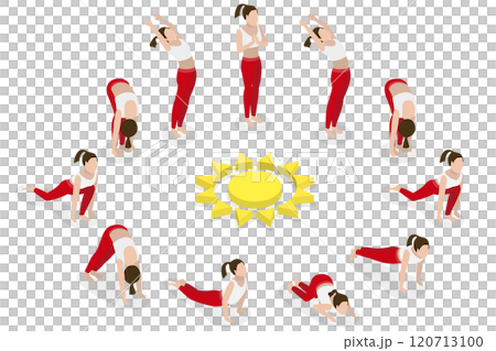3D Isometric Flat  Illustration of Surya Namaskar, Sun Salutation a yoga sequence honoring the sun 120713100