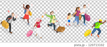 3D Isometric Flat  Illustration of Hurrying Tourists, Fast-Paced Visitors in a Hurry 120713102
