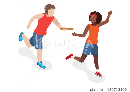 3D Isometric Flat Illustration of Thrilling Relay Race, Speedy and Precise Relay Race Demonstrates Male and Female Sprinters Teamwork. 3D Isometric Flat Illustration of Thrilling Relay Race, Speedy and Precise Relay Race Demonstrates Male and Female Sprinters Teamwork. 120713106