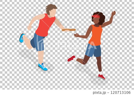 3D Isometric Flat  Illustration of Thrilling Relay Race, Speedy and Precise Relay Race Demonstrates Male and Female Sprinters Teamwork. 120713106