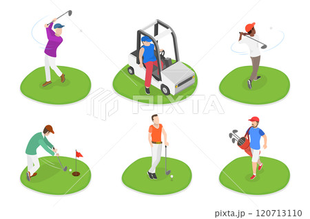3D Isometric Flat Illustration of Golfers, Players on the Course with Clubs and Carts 3D Isometric Flat Illustration of Golfers, Players on the Course with Clubs and Carts 120713110