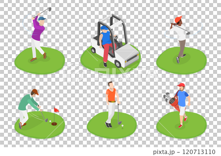3D Isometric Flat Illustration of Golfers, Players on the Course with Clubs and Carts 3D Isometric Flat Illustration of Golfers, Players on the Course with Clubs and Carts 120713110