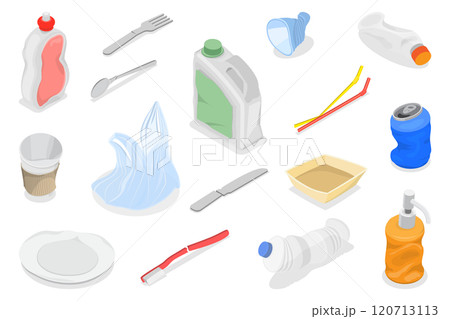 3D Isometric Flat  Set of Plastic Waste, Environmental Pollution 120713113