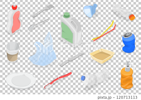 3D Isometric Flat  Set of Plastic Waste, Environmental Pollution 120713113