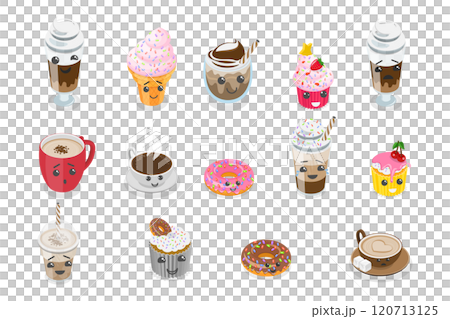 3D Isometric Flat Set of Cute Kawaii Foods, Funny Characters 3D Isometric Flat Set of Cute Kawaii Foods, Funny Characters 120713125