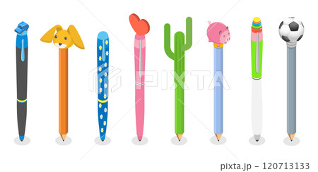 3D Isometric Flat  Set of Various Kawaii Pens, Stationery for School and Work 120713133