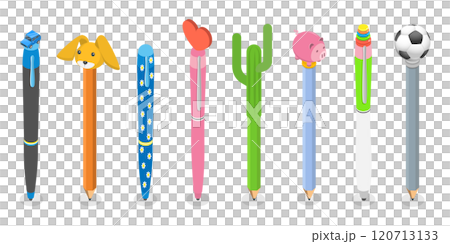 3D Isometric Flat  Set of Various Kawaii Pens, Stationery for School and Work 120713133