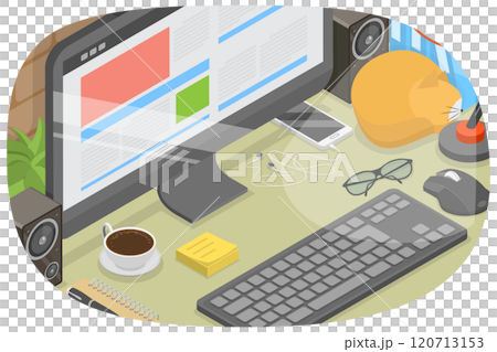 3D Isometric Flat Illustration of Freelance Workplace, Working at Home Office Desk 3D Isometric Flat Illustration of Freelance Workplace, Working at Home Office Desk 120713153