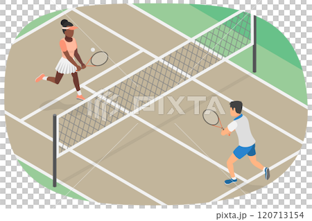 3D Isometric Flat  Illustration of Playing Tennis on Court, Active Lifestyle 120713154
