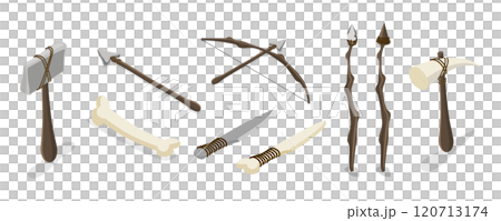 3D Isometric Flat  Set of Primal Stone Age Tools, Prehistoric Weapons 120713174