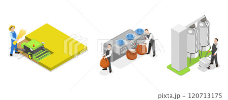 3D Isometric Flat Illustration of Wheat Manufacture Process, Manufacturing Stages 3D Isometric Flat Illustration of Wheat Manufacture Process, Manufacturing Stages 120713175