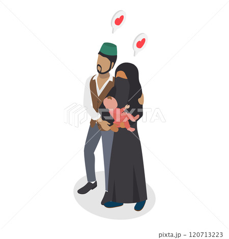 3D Isometric Flat  Illustration of Muslim Family, People in Traditional Clothing 120713223