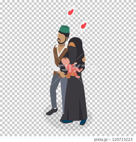 3D Isometric Flat  Illustration of Muslim Family, People in Traditional Clothing 120713223