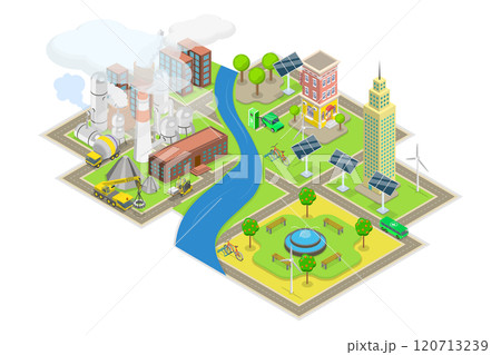 3D Isometric Flat Illustration of Sustainability Vs Pollution, Climate Change Awareness 3D Isometric Flat Illustration of Sustainability Vs Pollution, Climate Change Awareness 120713239