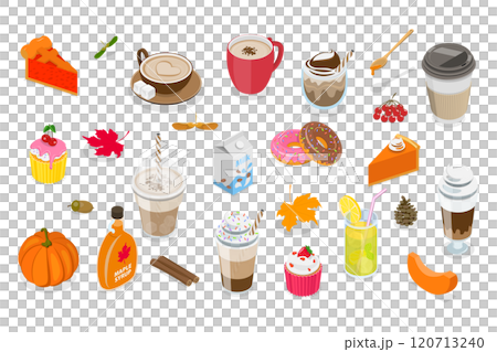 3D Isometric Flat  Set of Coffee and Treats, Fall Vibes Beverage 120713240