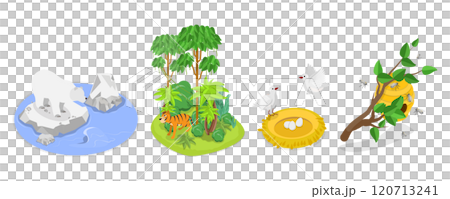 3D Isometric Flat  Illustration of Wild Animals Habitat Types, Geographical Wildlife Biodiversity 120713241