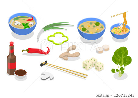 3D Isometric Flat  Set of Vegan Ramen, Asian Cuisine 120713243
