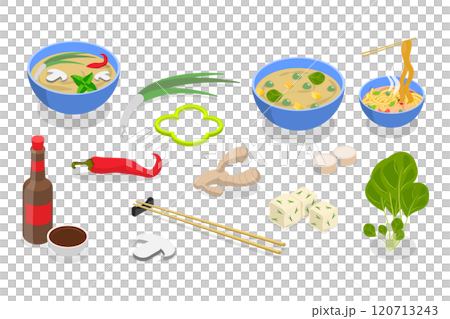3D Isometric Flat  Set of Vegan Ramen, Asian Cuisine 120713243
