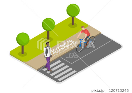 3D Isometric Flat Illustration of Yield to a Pedestrian , Rules for Safely Riding a Bicycle and Following Traffic Regulations 3D Isometric Flat Illustration of Yield to a Pedestrian , Rules for Safely Riding a Bicycle and Following Traffic Regulations 120713246