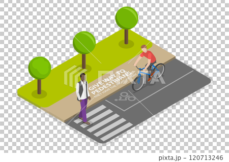 3D Isometric Flat  Illustration of Yield to a Pedestrian , Rules for Safely Riding a Bicycle and Following Traffic Regulations 120713246