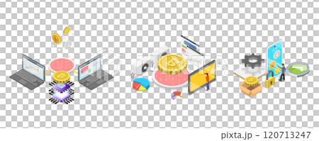 3D Isometric Flat Illustration of Cryptocurrency Marketplace, Digital Money Mining, Smart Wallet and Blockchain 3D Isometric Flat Illustration of Cryptocurrency Marketplace, Digital Money Mining, Smart Wallet and Blockchain 120713247