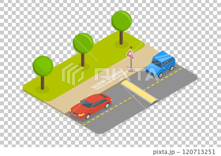 3D Isometric Flat Illustration of Reaching a Speed Bump, Safety Car Driving Rules 3D Isometric Flat Illustration of Reaching a Speed Bump, Safety Car Driving Rules 120713251