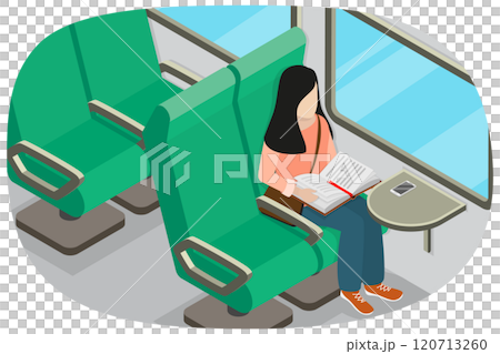 3D Isometric Flat  Illustration of Reading in a Train, Relaxation While Commuting 120713260