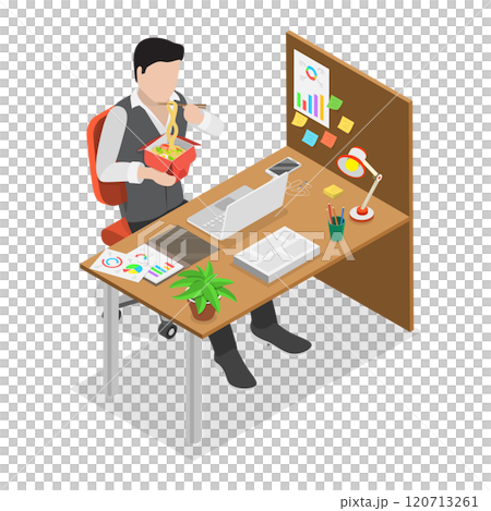3D Isometric Flat  Illustration of Quiet Workplace , Man Having a Peaceful Lunch Break at Work. 120713261