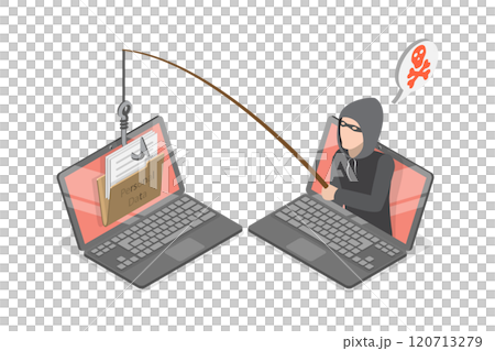 3D Isometric Flat Illustration of Phishing Scam, Cyber Crime, Hacker Attack 3D Isometric Flat Illustration of Phishing Scam, Cyber Crime, Hacker Attack 120713279