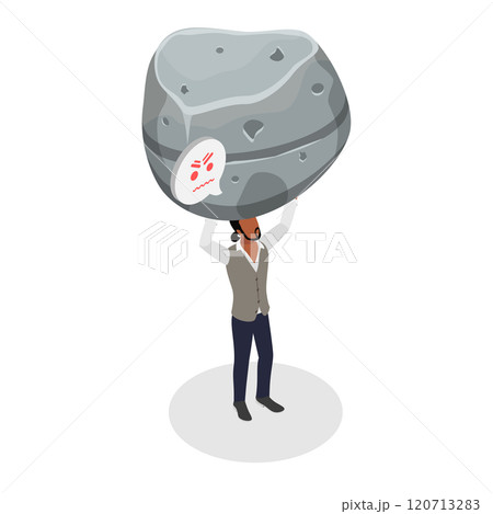 3D Isometric Flat  Illustration of Overwhelmed With Job, Businessman Struggles with Heavy Stone Due to Excessive Workload 120713283