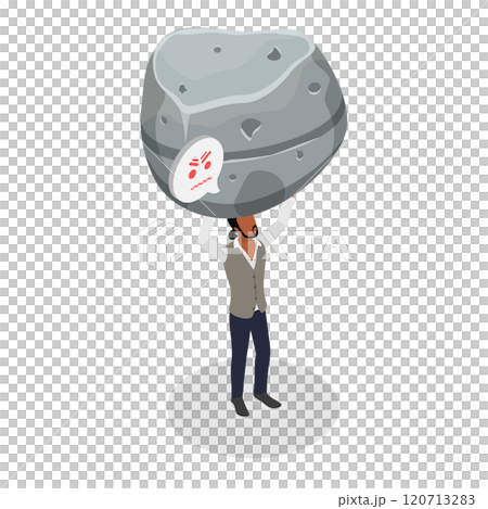3D Isometric Flat  Illustration of Overwhelmed With Job, Businessman Struggles with Heavy Stone Due to Excessive Workload 120713283