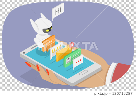 3D Isometric Flat  Illustration of Mobile Chatbot, App for SMS Messaging on smartphone with Chat Bot. 120713287