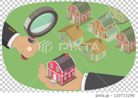 3D Isometric Flat Illustration of Looking for Real Estate, Efficiente Search for Properties 3D Isometric Flat Illustration of Looking for Real Estate, Efficiente Search for Properties 120713290