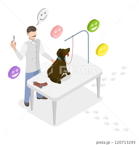 3D Isometric Flat Illustration of Pet Groomer , Vet Grooming a Cute Dogin Beauty Salon 3D Isometric Flat Illustration of Pet Groomer , Vet Grooming a Cute Dogin Beauty Salon 120713293