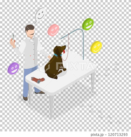 3D Isometric Flat Illustration of Pet Groomer , Vet Grooming a Cute Dogin Beauty Salon 3D Isometric Flat Illustration of Pet Groomer , Vet Grooming a Cute Dogin Beauty Salon 120713293