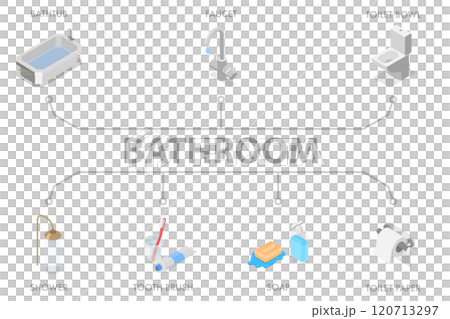 3D Isometric Flat Illustration of Bathroom, Set of the Icons of Bathtub, Faucet, Toilet Bowl, Shower etc. 3D Isometric Flat Illustration of Bathroom, Set of the Icons of Bathtub, Faucet, Toilet Bowl, Shower etc. 120713297