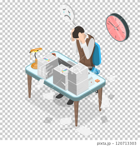 3D Isometric Flat Illustration of Time Management, Nervous Man Writing an Exam 3D Isometric Flat Illustration of Time Management, Nervous Man Writing an Exam 120713303