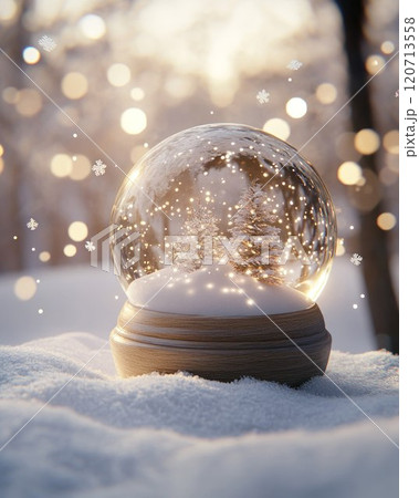 Snow globe with miniature pine trees and glowing lights in the snow, surrounded by a dreamy winter setting 120713558