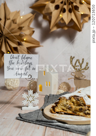 Greeting card with message DON'T BLAME HOLIDAYS YOU WERE FAT IN AUGUST joke pun humor Christmas Stollen in Christmas lights and decoration. Traditional sweet fruit loaf with icing sugar festive pastry Greeting card with message DON'T BLAME HOLIDAYS YOU WERE FAT IN AUGUST joke pun humor Christmas Stollen in Christmas lights and decoration. Traditional sweet fruit loaf with icing sugar festive pastry 120713650