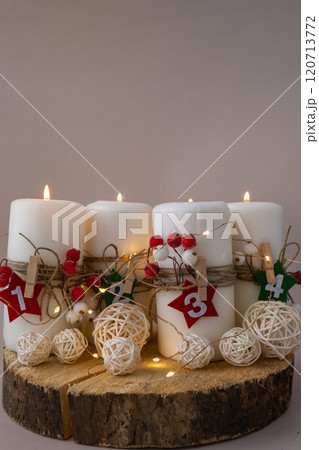 Traditional four advent weeks calendar before Christmas holidays. Candles and plastic free zero waste sustainable decoration. Copy space greeting card mock up template. Winter cozy 120713772