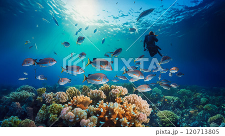 サンゴ礁の魚たちとダイバーのイラスト サンゴ礁の魚たちとダイバーのイラスト 120713805