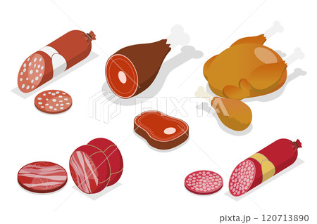 3D Isometric Flat  Set of Fresh Farm Meat Products, Butcher Shop 120713890
