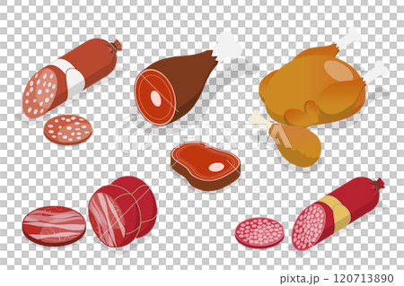 3D Isometric Flat  Set of Fresh Farm Meat Products, Butcher Shop 120713890