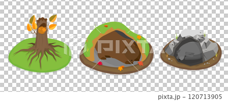 3D Isometric Flat  Set of Cartoon Woodland Animals, Wild Animals Sleeping in Holes 120713905