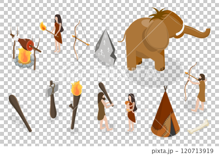 3D Isometric Flat Set of Stone Age Elements, Primitive Humen 3D Isometric Flat Set of Stone Age Elements, Primitive Humen 120713919