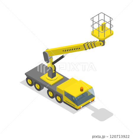 3D Isometric Flat Set of Modern Truck-mounted, Installation Work at Height 3D Isometric Flat Set of Modern Truck-mounted, Installation Work at Height 120713922